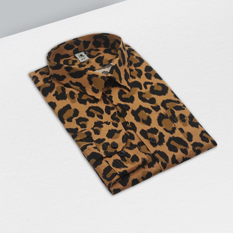 Coffee leopard print shirt - wild and fashionable style, you will be the focus of the audience - Men's Shirts - Cotton & Hemp Brown