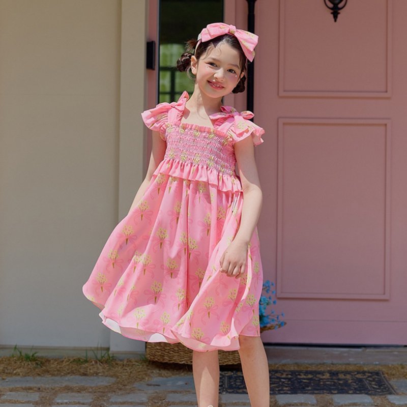 Bouquet Bow Smoked Dress - Candy Pink - 男/女童禮服 - 其他材質 