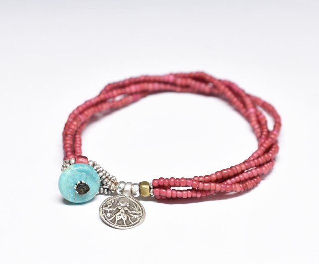 インドオールドシルバーと金赤ホワイトハーツ、 ターコイズのブレスレット。 アンティーク金赤ホワイトハーツとoldインドシルバーチャームの4