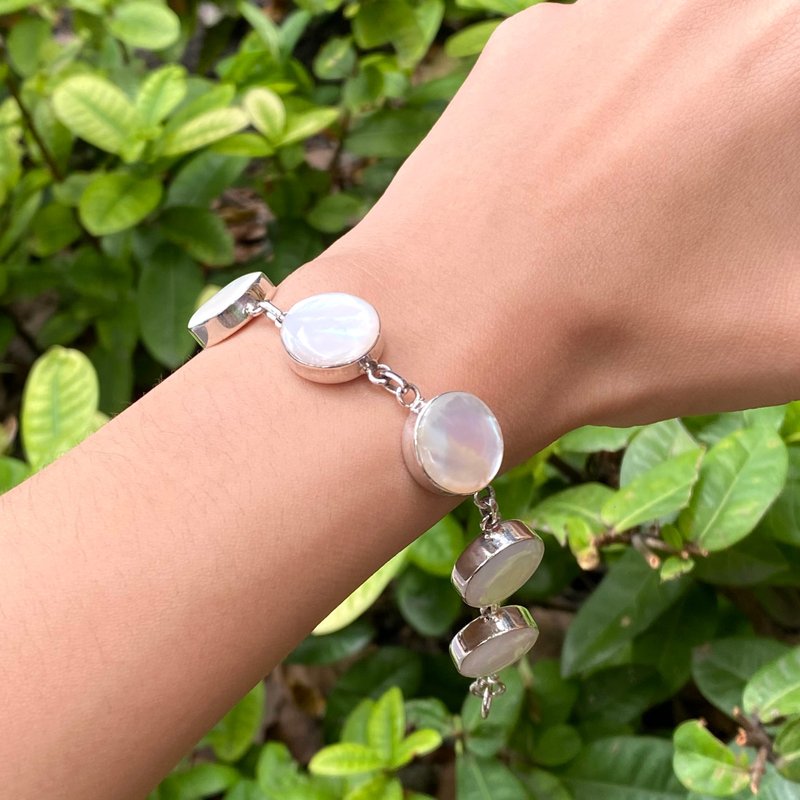 美麗的圓形鏈環珍珠母手鍊 925 純銀 - 手鍊/手環 - 純銀 白色