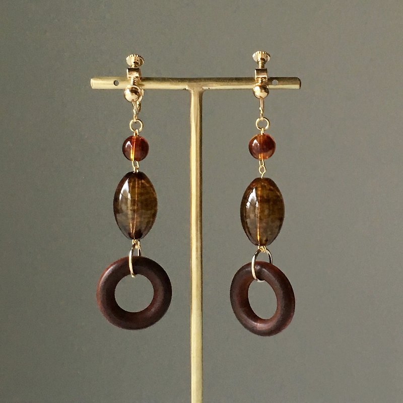 Wood beads non-hall / pierced earrings Vol.4 - Earrings & Clip-ons - Wood Brown