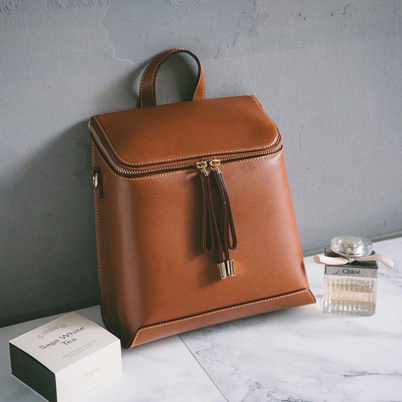 真皮經典兩用後背包 S-12020 黃棕 - 背囊/背包 - 真皮 橘色