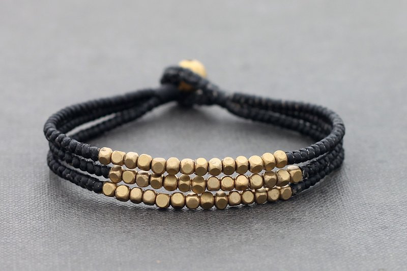 Boho Bracelets Woven Bead Cube Facet Multi Strand Bracelets Black Gold - สร้อยข้อมือ - โลหะ สีดำ