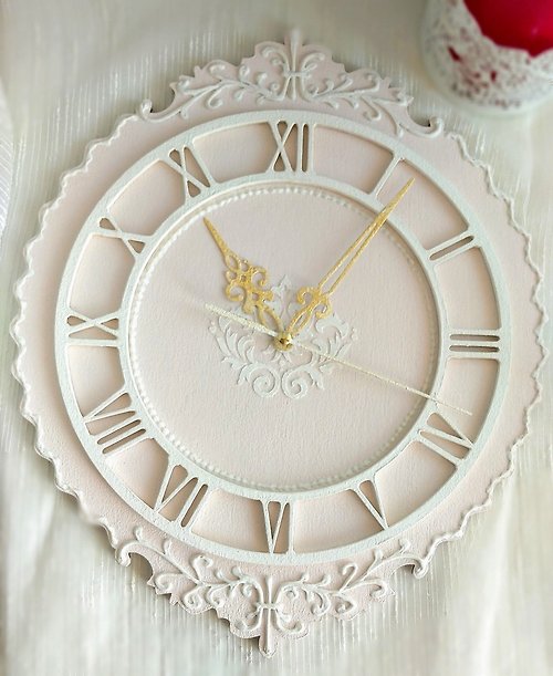 YourFloralDreams Small pink wall clock with white ornaments in vintage style Silent wall clock