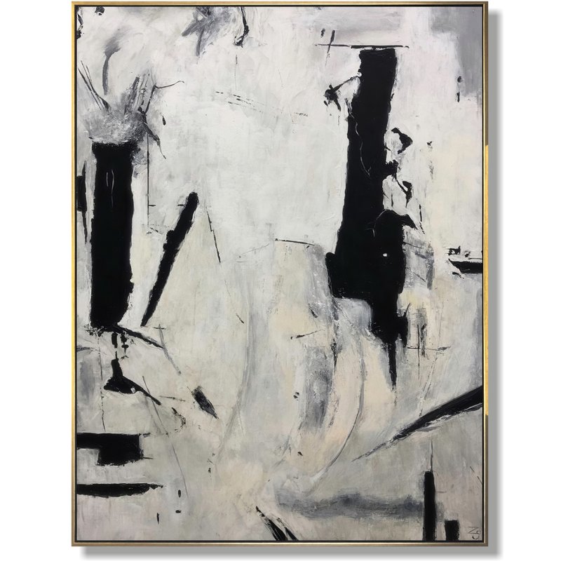 Large Abstract Painting On Canvas Black White Wall Art Painting - 壁貼/牆壁裝飾 - 壓克力 黑色