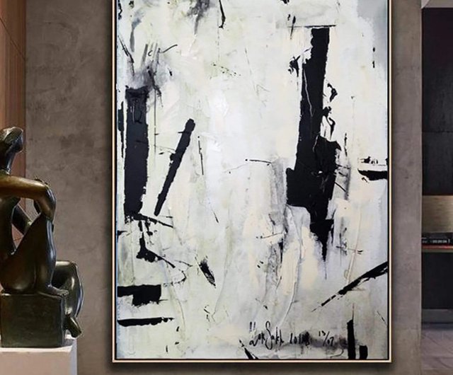 キャンバスに描かれた大きな抽象画、白黒の壁アート - ショップ