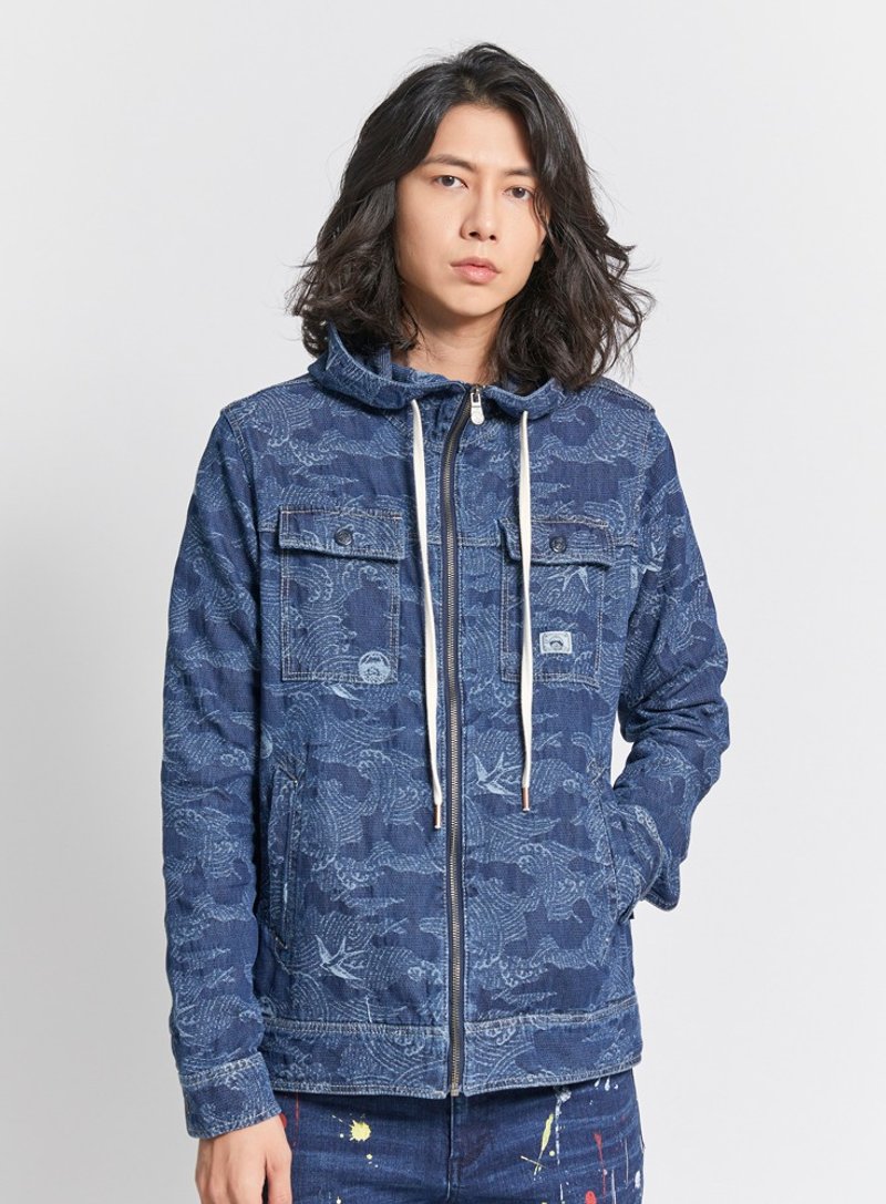 Edo Katsuri Jacquard Hooded Zipper Jacket-Men's (Stone Wash Blue) #jacket#denimjacket - Men's Coats & Jackets - Cotton & Hemp Blue