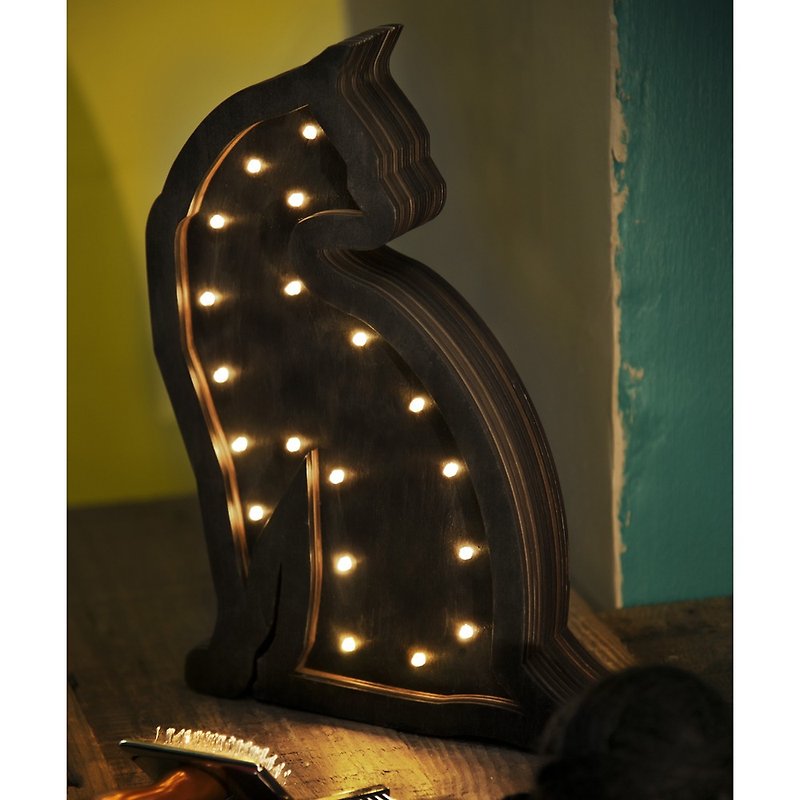 手工製造 貓型立體木燈 座枱燈 小夜燈 聖誕禮物 生日禮物 兒童燈 - 燈具/燈飾 - 木頭 黑色