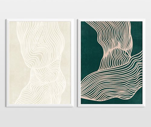 daashart Gallery wall set of 2 Emerald green and beige wall art Abstract line poster