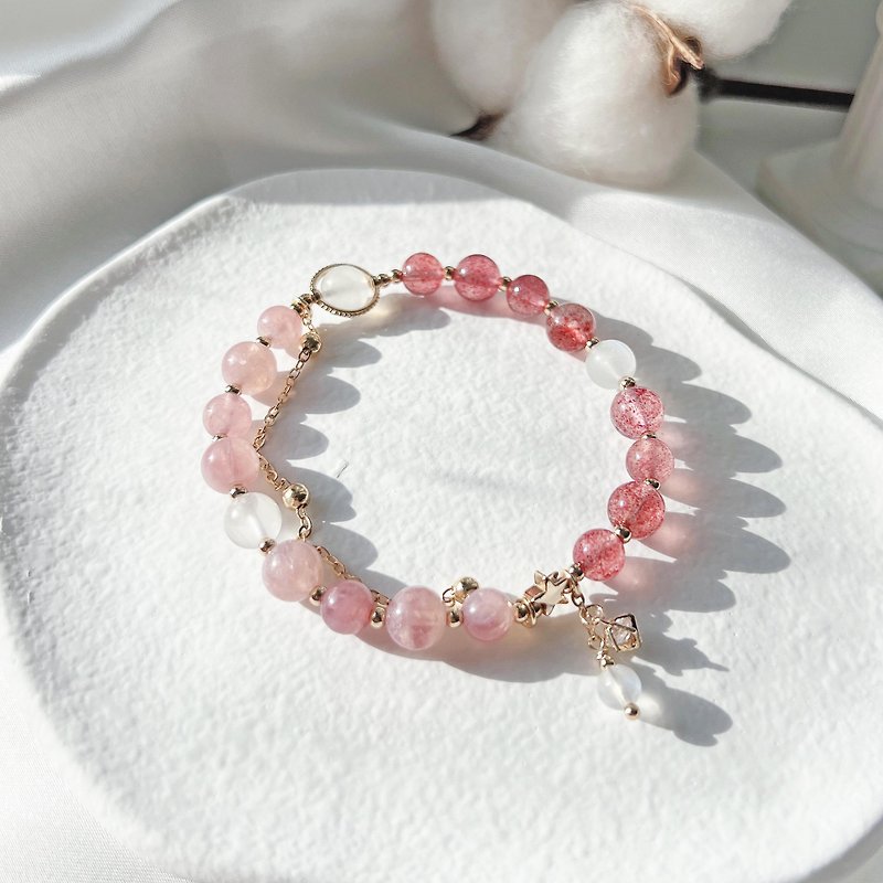 Rose Quartz Strawberry Crystal Moonstone 14k Gold Plated Natural Crystal Bracelet - Bracelets - Crystal Multicolor