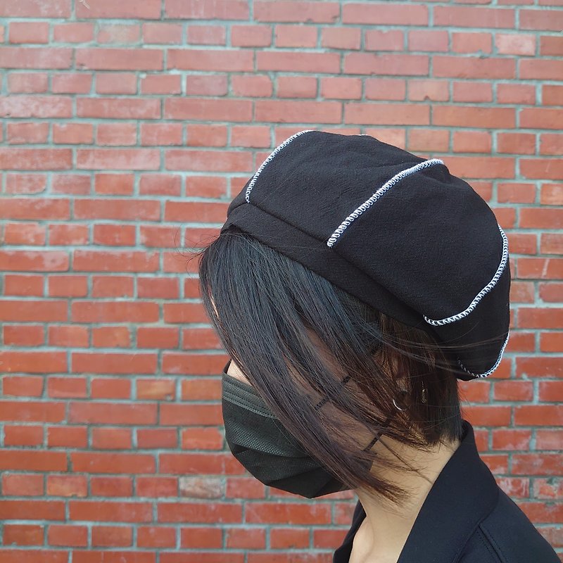 Itobun Linen Beret - Black and White Thread Head Circumference 60cm - Hats & Caps - Cotton & Hemp Black