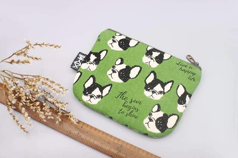 平和な小さな袋 - レトロな法犬（緑）、手綿、両面2色の小さな財布 - 財布 - コットン・麻 グリーン