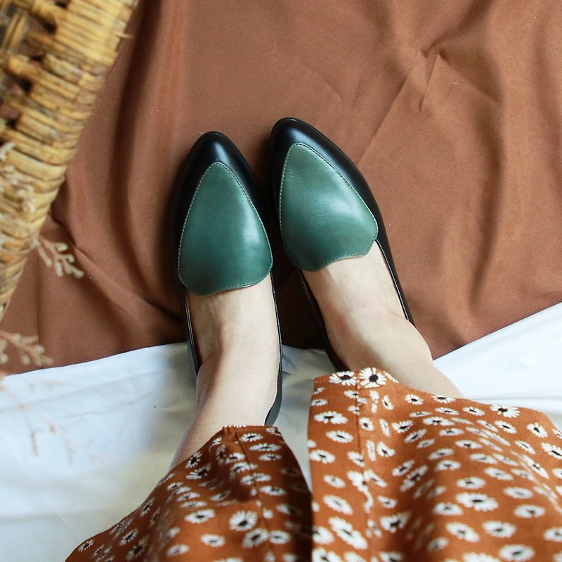 [Handmade] Leather color matching retro jazz shoes_black x green - Women's Leather Shoes - Genuine Leather Green