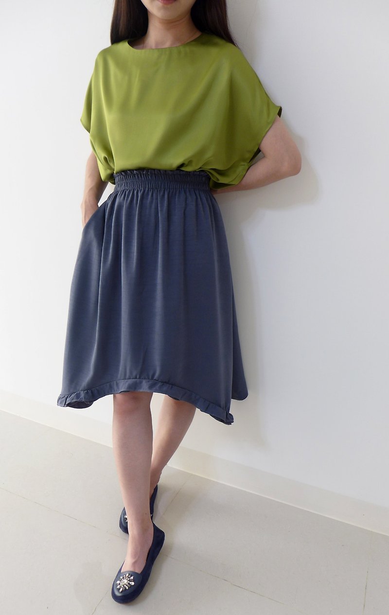 French classic Madeleine-two-wear A-line lotus leaf skirt (Indigo gray) - เสื้อผู้หญิง - วัสดุอื่นๆ สีเทา