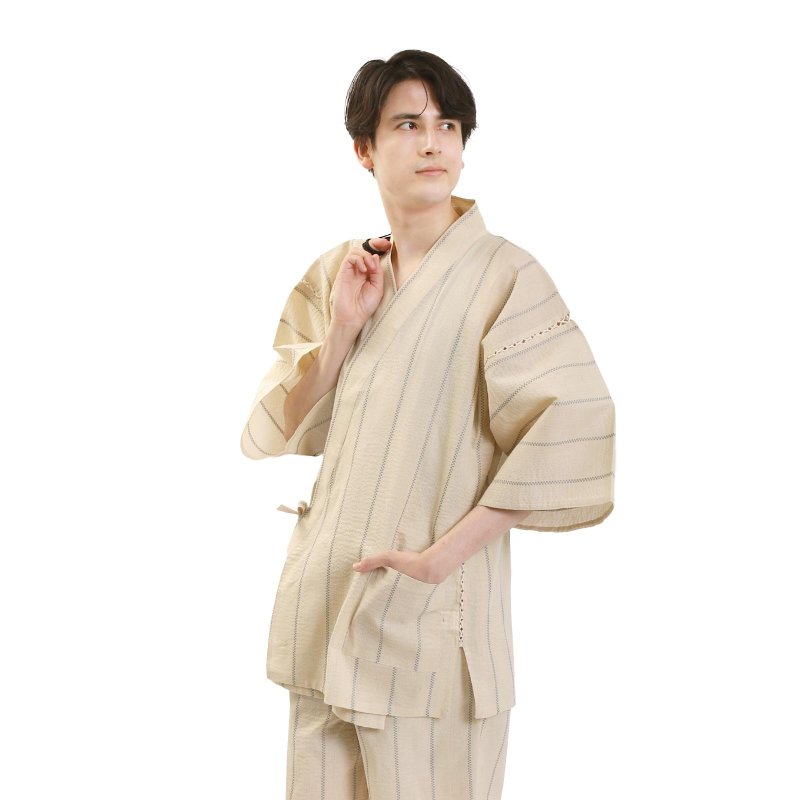 日本 和服 男士 綿麻 甚平 休閒服 睡衣 成套組 M L LL wn31 - 睡衣/居家服 - 棉．麻 白色