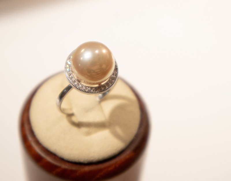 925純銀11.3mm天然淡水珍珠香檳金色閃石光環戒指 - 戒指 - 珍珠 金色