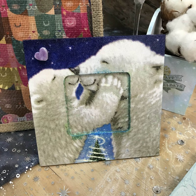 [Christmas limited] kiss polar bear Christmas small photo frame - Items for Display - Wood Blue