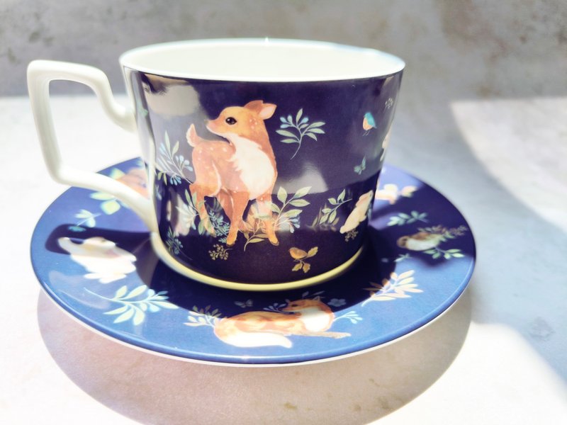 Collaborating illustration artist-English blue cat forest animal afternoon tea bone china coffee cup and saucer set - Mugs - Porcelain Multicolor