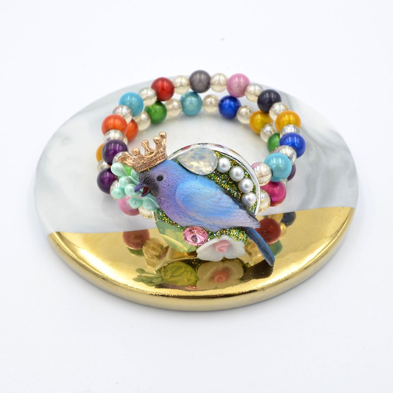 TIMBEE LO Small Parrot Garden Double Beads Bracelet Ceramic Flower Counter Crystal Gems Crown - สร้อยข้อมือ - พลาสติก สีม่วง