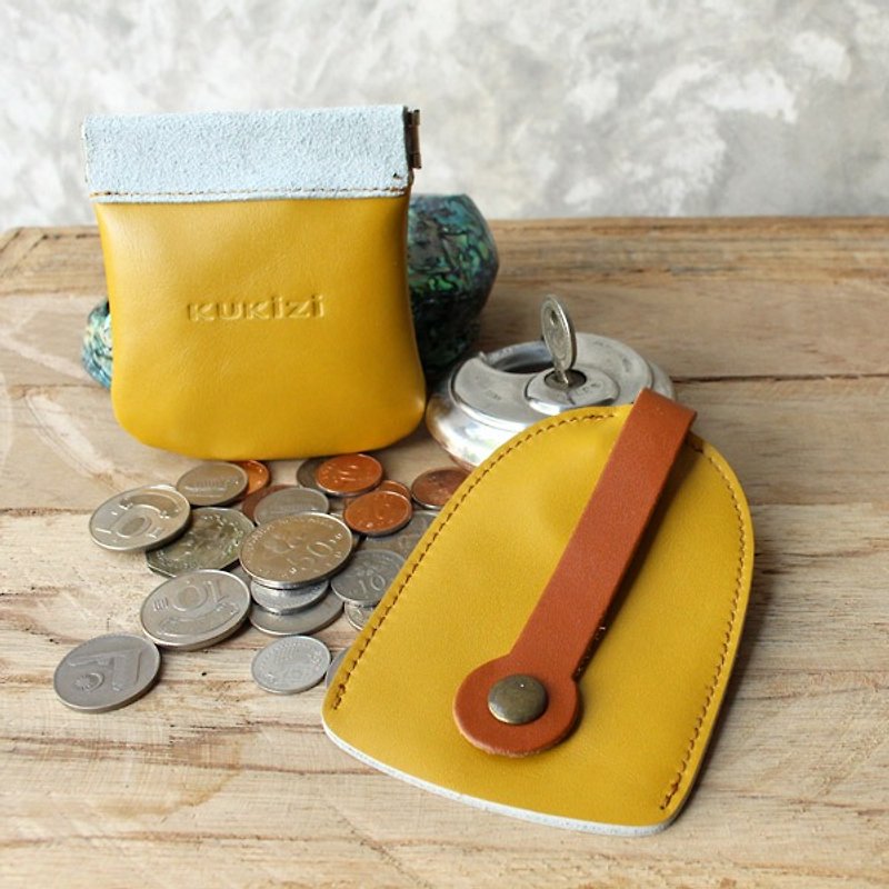Set of Coin Purse/Pouch/Bag & Key Case/Key Holder - Yellow + Tan Strap (Genuine Cow Leather) - Keychains - Genuine Leather 