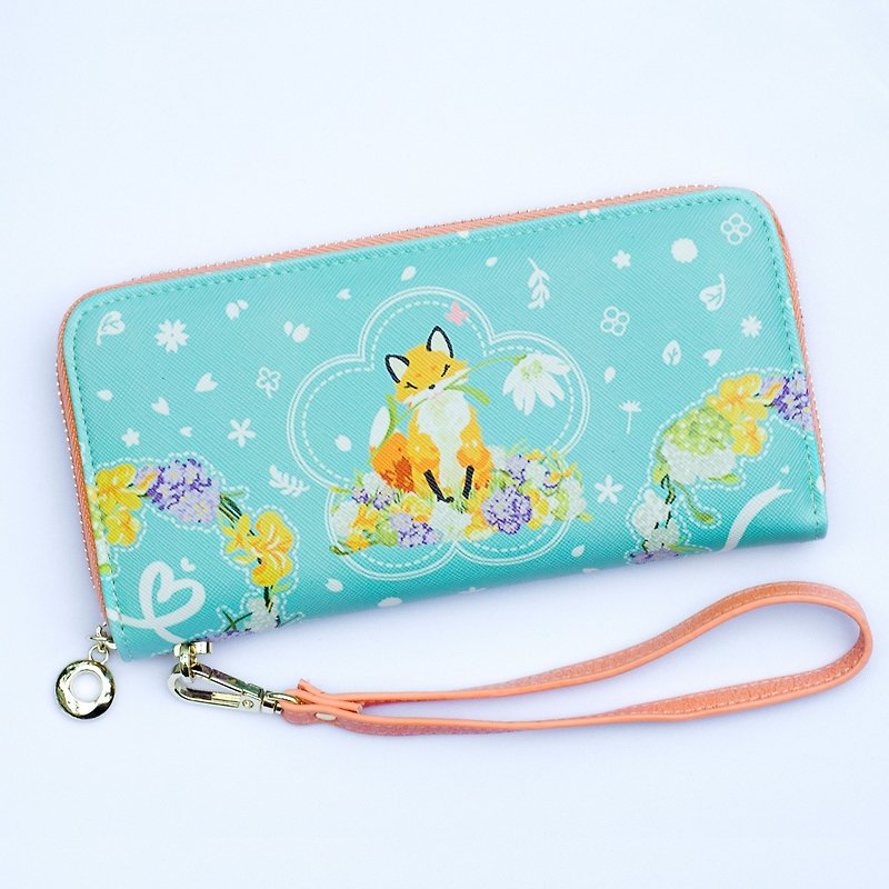Fox,flower & spring Girly long wallet - กระเป๋าสตางค์ - หนังแท้ สีน้ำเงิน