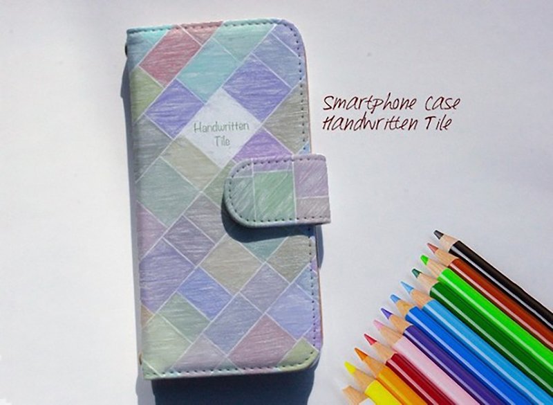 [Compatible with all models] Free shipping [Notebook type] Handwritten tile smartphone case - เคส/ซองมือถือ - หนังแท้ สีเขียว
