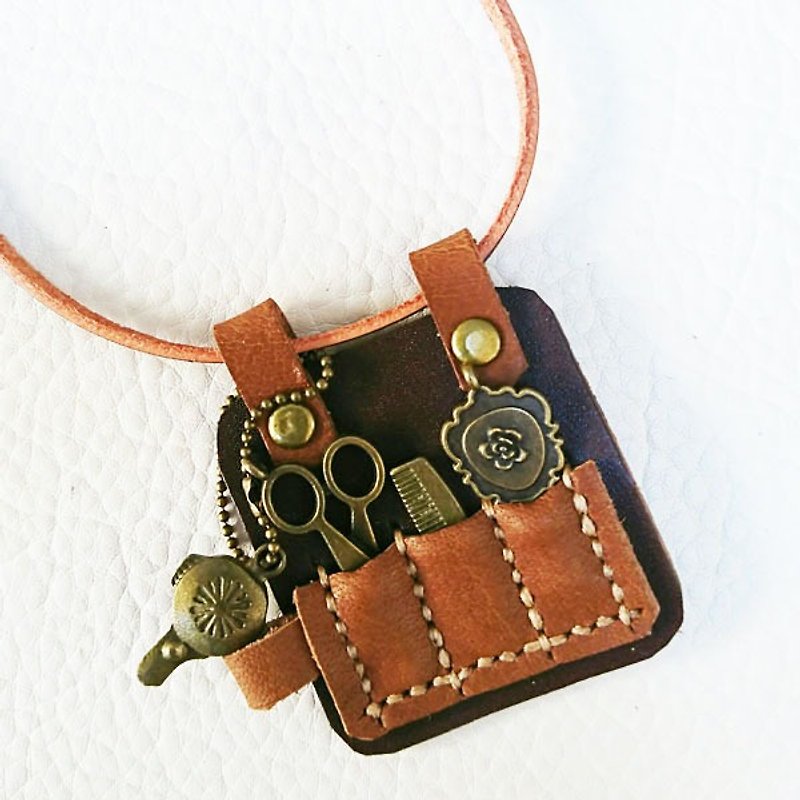 Graduation Gift-Mini Leather Tool Bag Necklace (Hairdressing Group) - Necklaces - Genuine Leather Brown