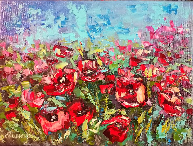 Poppies Field Landscape  Oil Painting Flower Impasto Original Artist Svinar Oksa - 其他 - 其他材質 多色