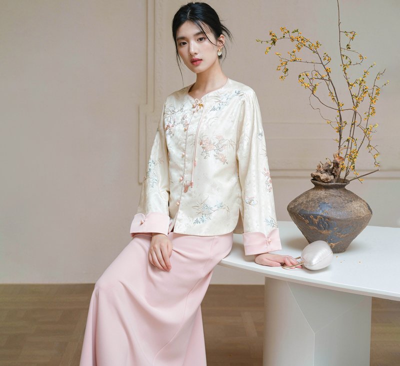 【溫婉繡花】新中式復古中國風 對襟盤扣上衣/半裙 - 女上衣/長袖上衣 - 其他材質 白色