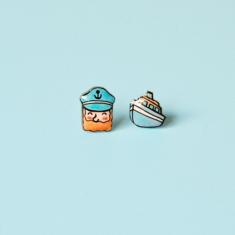 Captain interesting voyage hand-painted asymmetrical earrings sterling silver ear plug / ear clip magnet can be changed - Earrings & Clip-ons - Plastic Blue