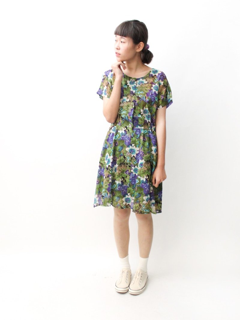 [RE0322D1036] Nippon tropical flowers green short-sleeved cotton spring and summer vintage dress - ชุดเดรส - เส้นใยสังเคราะห์ สีเขียว