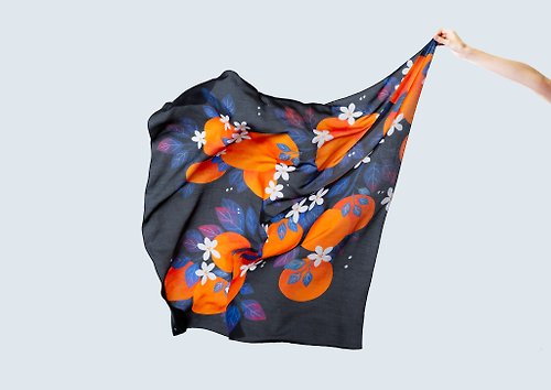 Made by Mate Sweet Citrus (Black) Tencel Silk Scarf. Pure Silk. Collaboration with Maggie