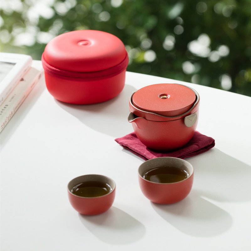 [Lu Bao LOHAS] Heart-to-heart travel tea set rich red one pot two cups outdoor travel tea set - Teapots & Teacups - Pottery Red