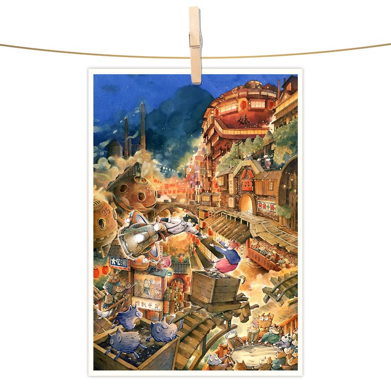 あふ 水彩イラスト ポストカード - Mountain City Past - カード・はがき - 紙 