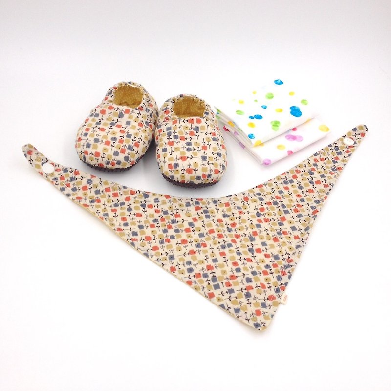 小さな四角い花 -  Miyue赤ちゃんのギフトボックス（幼児靴/ベビーシューズ/ベビーシューズ+ 2ハンカチ+スカーフ） - 出産祝い用贈物 - コットン・麻 グリーン