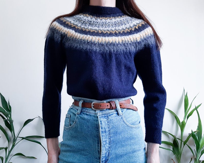 Vintage Wool Nordic Fair Isle Sweater Norwegian Style BACK NUMBER EST 1980 Brand - สเวตเตอร์ผู้หญิง - ขนแกะ สีน้ำเงิน