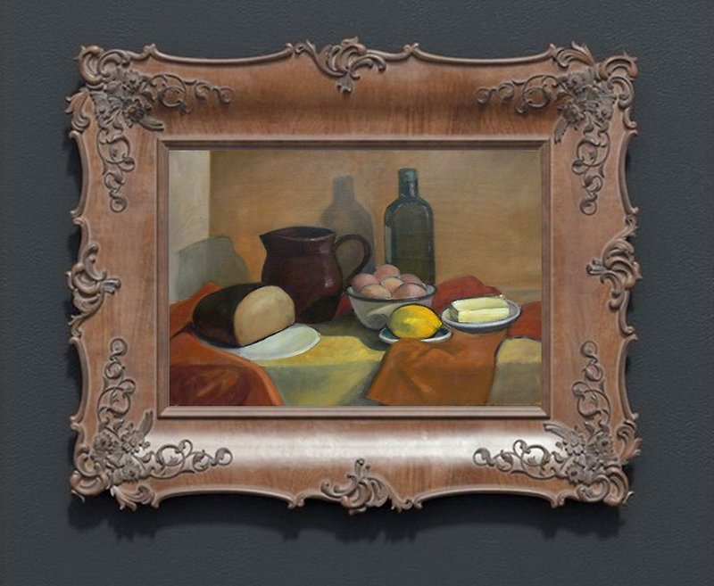 Classical country style oil painting still life with bread, butter and lemon - Wall Décor - Other Materials Multicolor