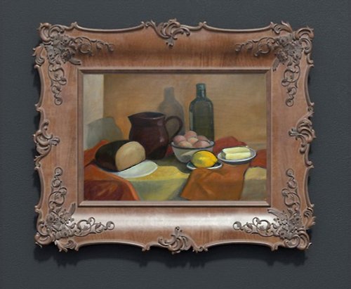 DCS-Art Classical country style oil painting still life with bread, butter and lemon