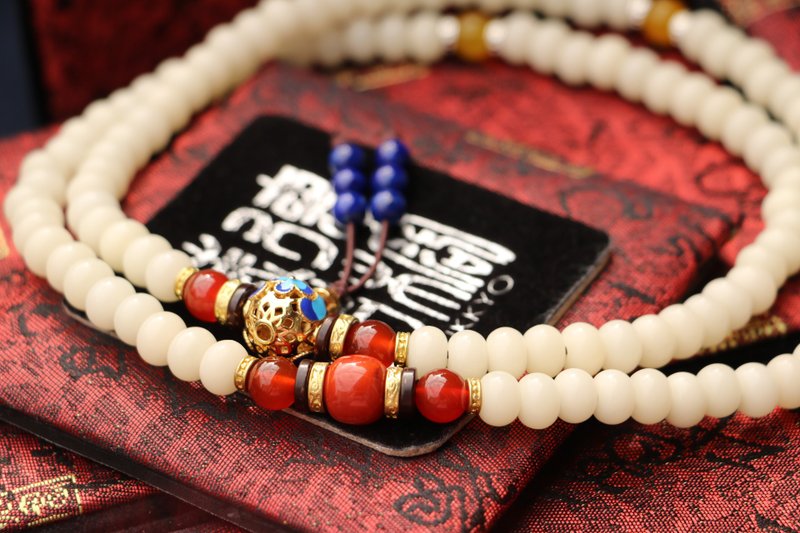 精品白玉菩提根菩提子 8x6mm 108顆 蘋果圓 火焰紋南紅瑪瑙 佛珠 - 手鍊/手環 - 植物．花 