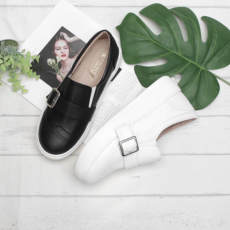 Slip-ons with Carved Side Buckle - Black/White 1BC87 - Mary Jane Shoes & Ballet Shoes - Faux Leather White