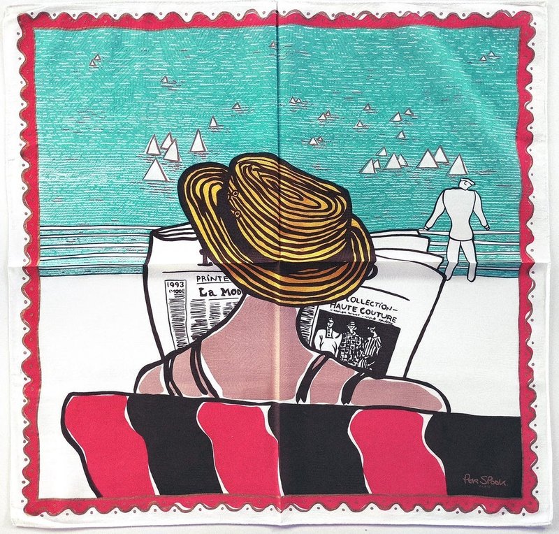 Per Spook Paris Vintage Handkerchief Fashionista Woman on the Beach 20x19 inches - 手帕 - 棉．麻 紅色
