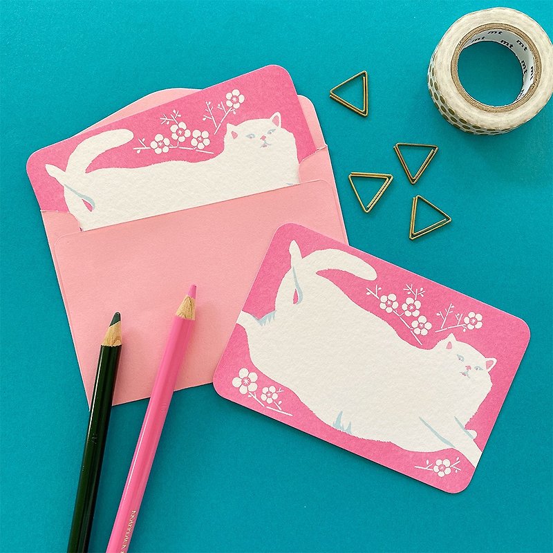 Mini Message Card  with Envelope (set of 3) - Lazy Cat - - การ์ด/โปสการ์ด - กระดาษ สึชมพู