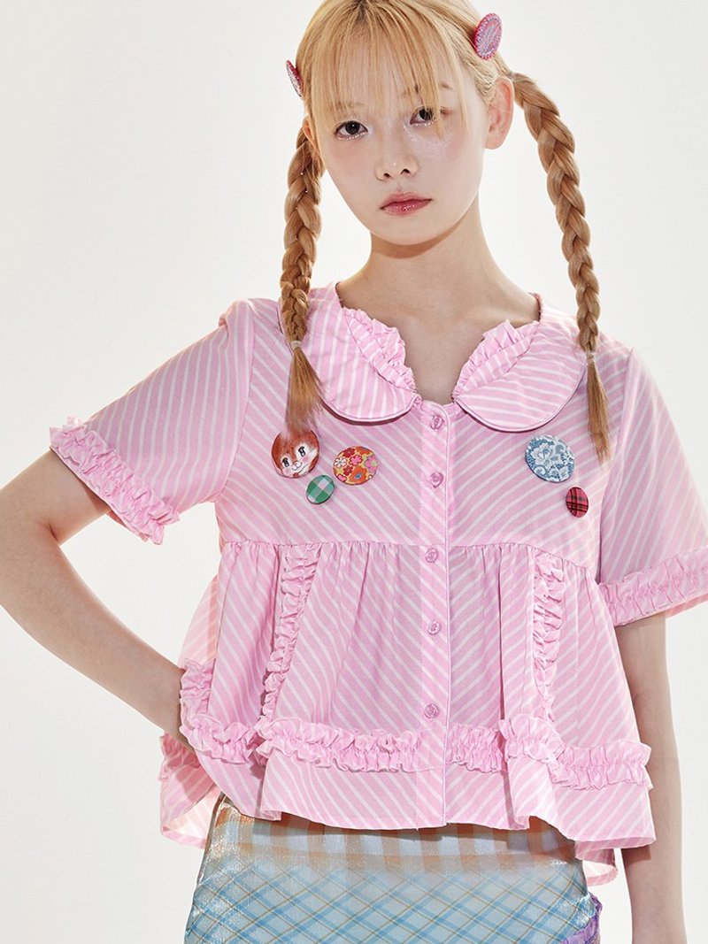 Cute Pink Striped Lace Badge Shirt Short Sleeve Top - เสื้อเชิ้ตผู้หญิง - วัสดุอื่นๆ สึชมพู