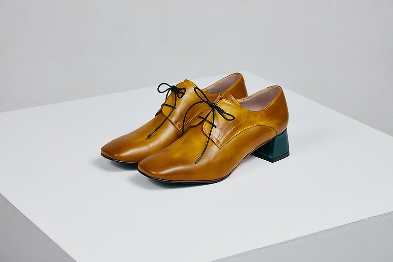 HTHREE Classic Square Head Derby Heel / Moss Green / Thick Heel / Vintage - รองเท้าอ็อกฟอร์ดผู้หญิง - หนังแท้ สีเหลือง