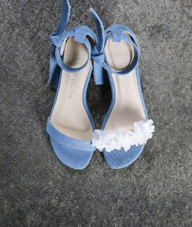 【購物狂小姐】兩穿綁帶一字涼鞋_清爽單寧 - 涼鞋 - 聚酯纖維 藍色