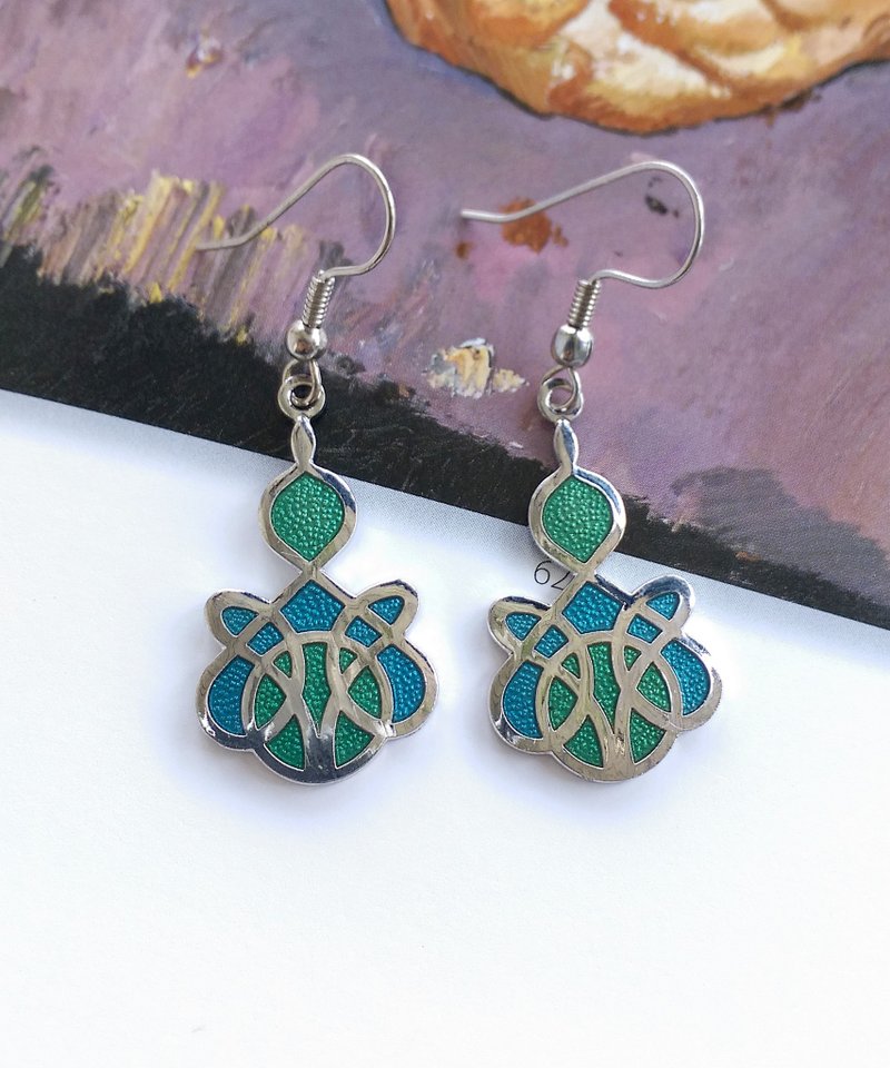 Vintage Jewelry 西洋古董飾品 景泰藍 藍綠 流紋 耳勾 針式耳環 - 耳環/耳夾/耳骨夾 - 其他金屬 金色