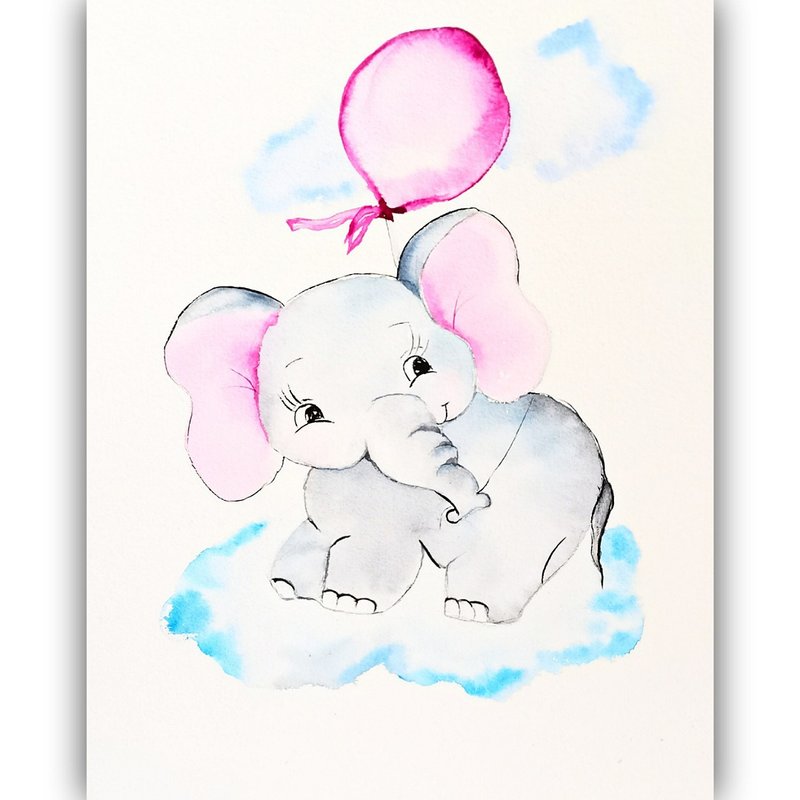 Watercolor Original Elephant Room Decor Animal Baby Illustration Small Painting - Posters - Paper Multicolor