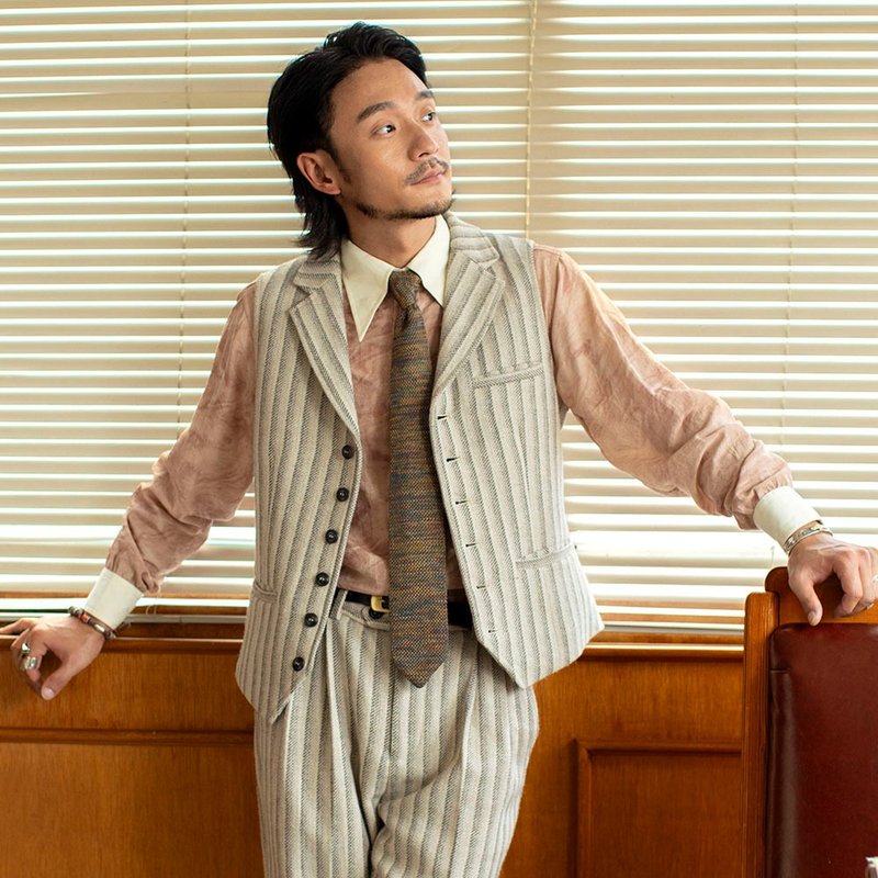 SOARIN British retro wool suit collar striped business suit vest (2432B73) - เสื้อกั๊กผู้ชาย - ผ้าฝ้าย/ผ้าลินิน ขาว