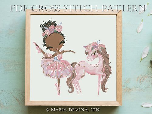 LittleRoomInTheAttic Ballerina Girl And Her Pony PDF cross stitch pattern 芭蕾舞 女孩 十字绣