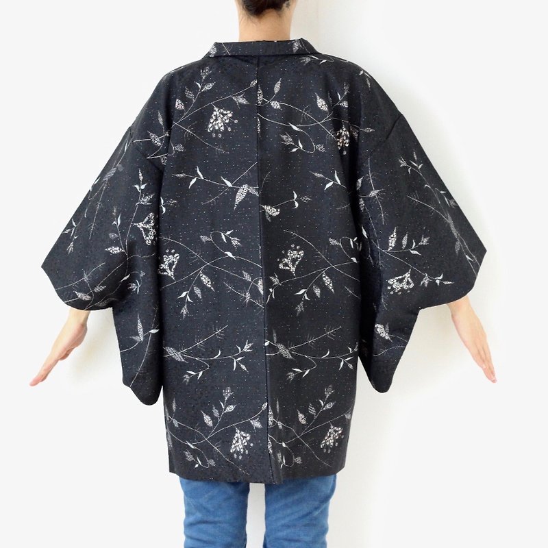 glitter kimono, floral haori, kimono jacket, traditional kimono /4008 - 外套/大衣 - 聚酯纖維 黑色